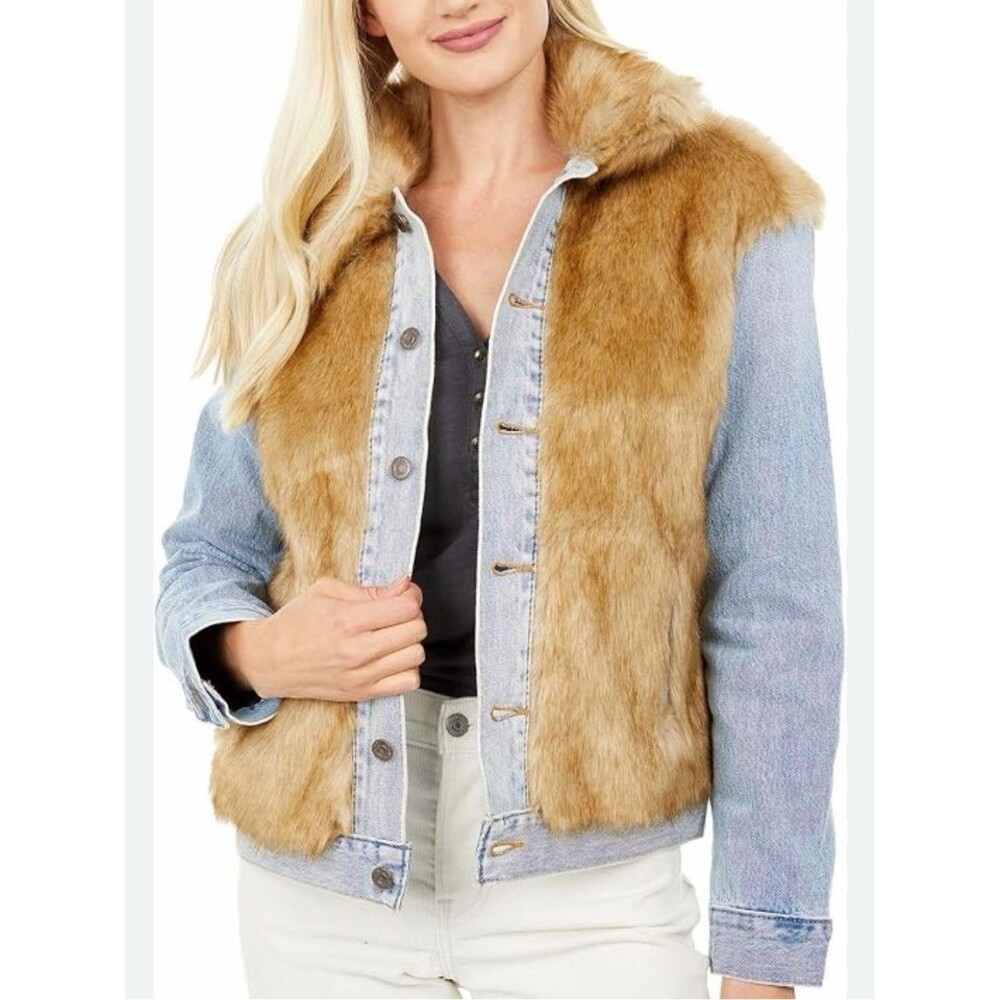 NWT LEVI'S Womens Oversized Faux Fur Trucker Jacket Button Up Jean Denim  Sz L